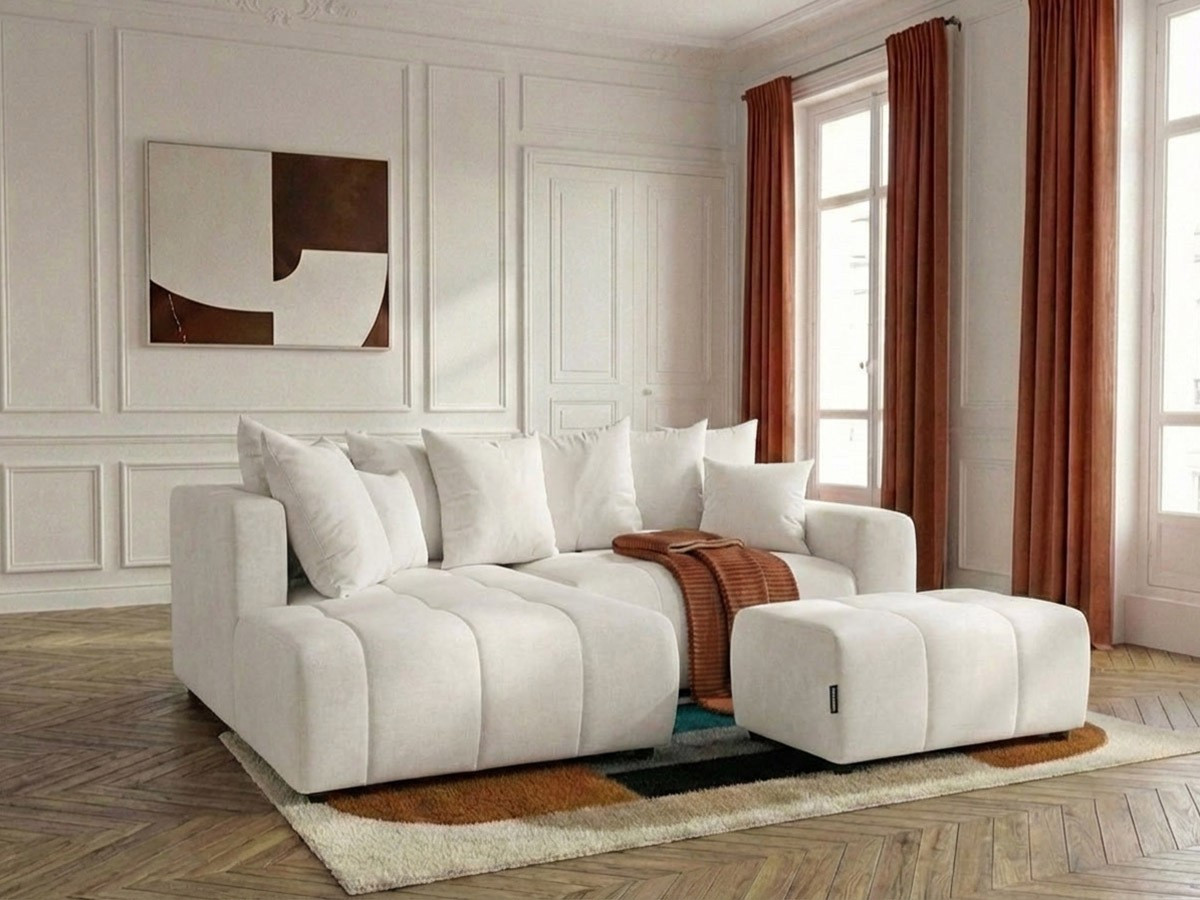 Bobochic Roxelane Ecksofa mit Schlaffunktion und Bettkasten und Pouf Melange-Stoff Weiß Ecke links