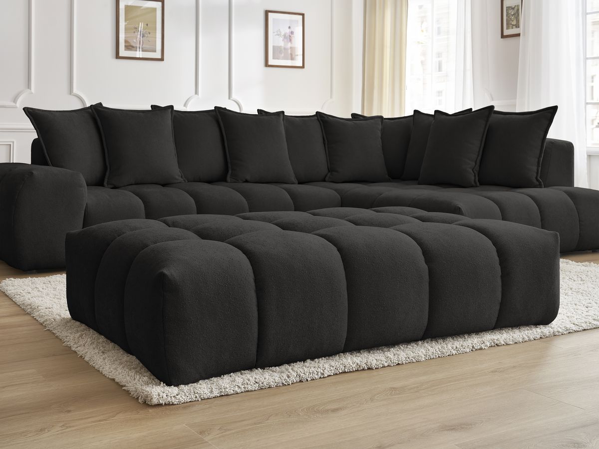 Bobochic Everest Ecksofa mit Schlaffunktion und Pouf, 10 Kissen Strukturstoff Schwarz Ecke rechts