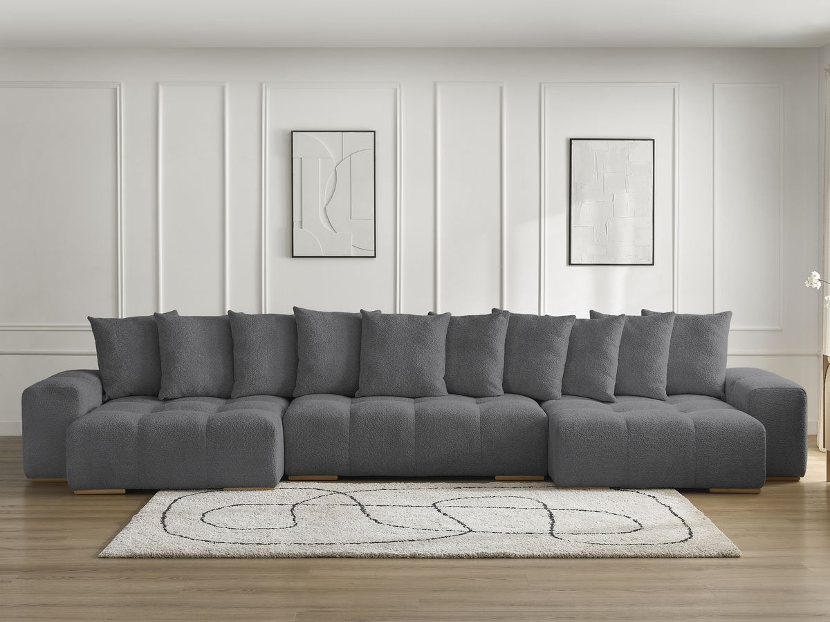 Bobochic Anakin Wohnlandschaft, Liegefläche 137 × 382 cm, 10 Kissen Bouclé-Stoff Dunkelgrau