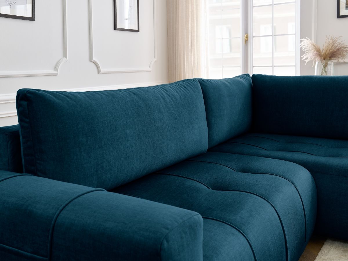 Bobochic Arsene Ecksofa mit Schlaffunktion und Bettkasten 277 × 200 cm Samt Dunkelblau Ecke rechts