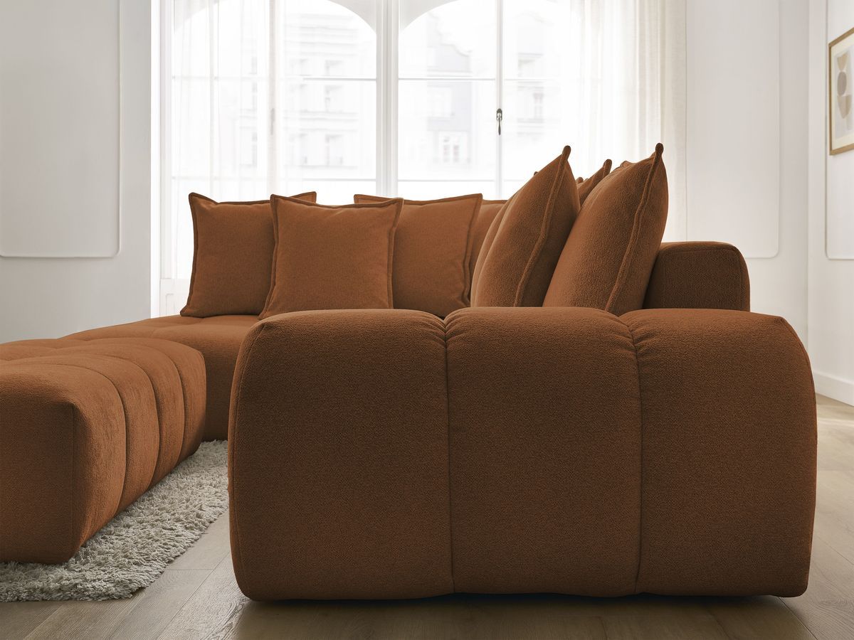 Bobochic Everest Ecksofa mit Schlaffunktion und Bettkasten und Pouf 320 × 212 cm, 10 Kissen Melange-Stoff Orange Ecke links
