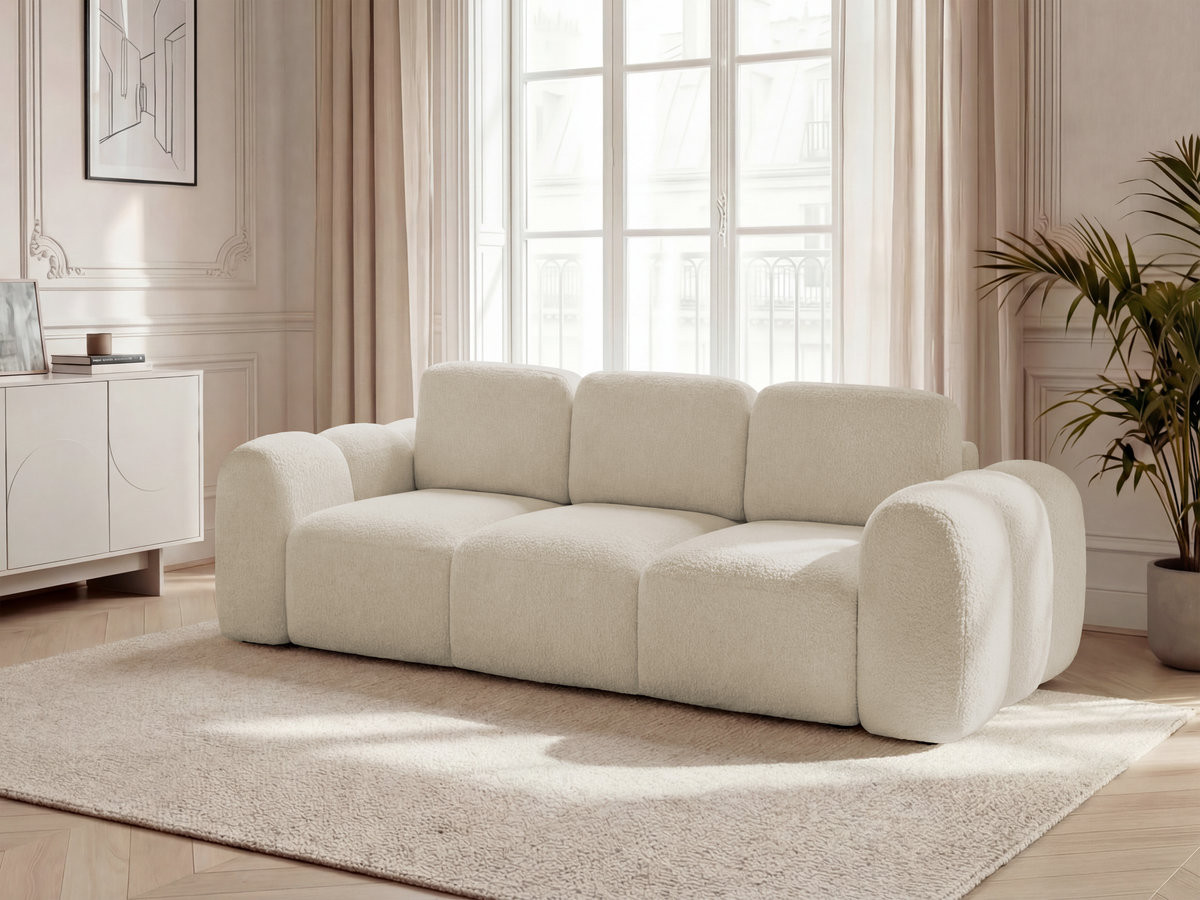Bobochic Montaigne Schlafsofa 3-Sitzer mit Bettkasten Bouclé-Stoff Beige