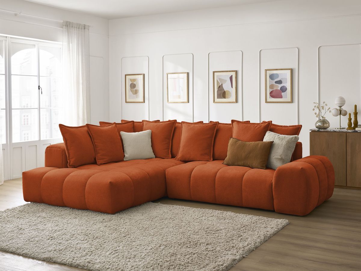 Bobochic Everest Ecksofa mit Schlaffunktion und Bettkasten 320 × 212 cm, 10 Kissen Strukturstoff Orange Ecke links