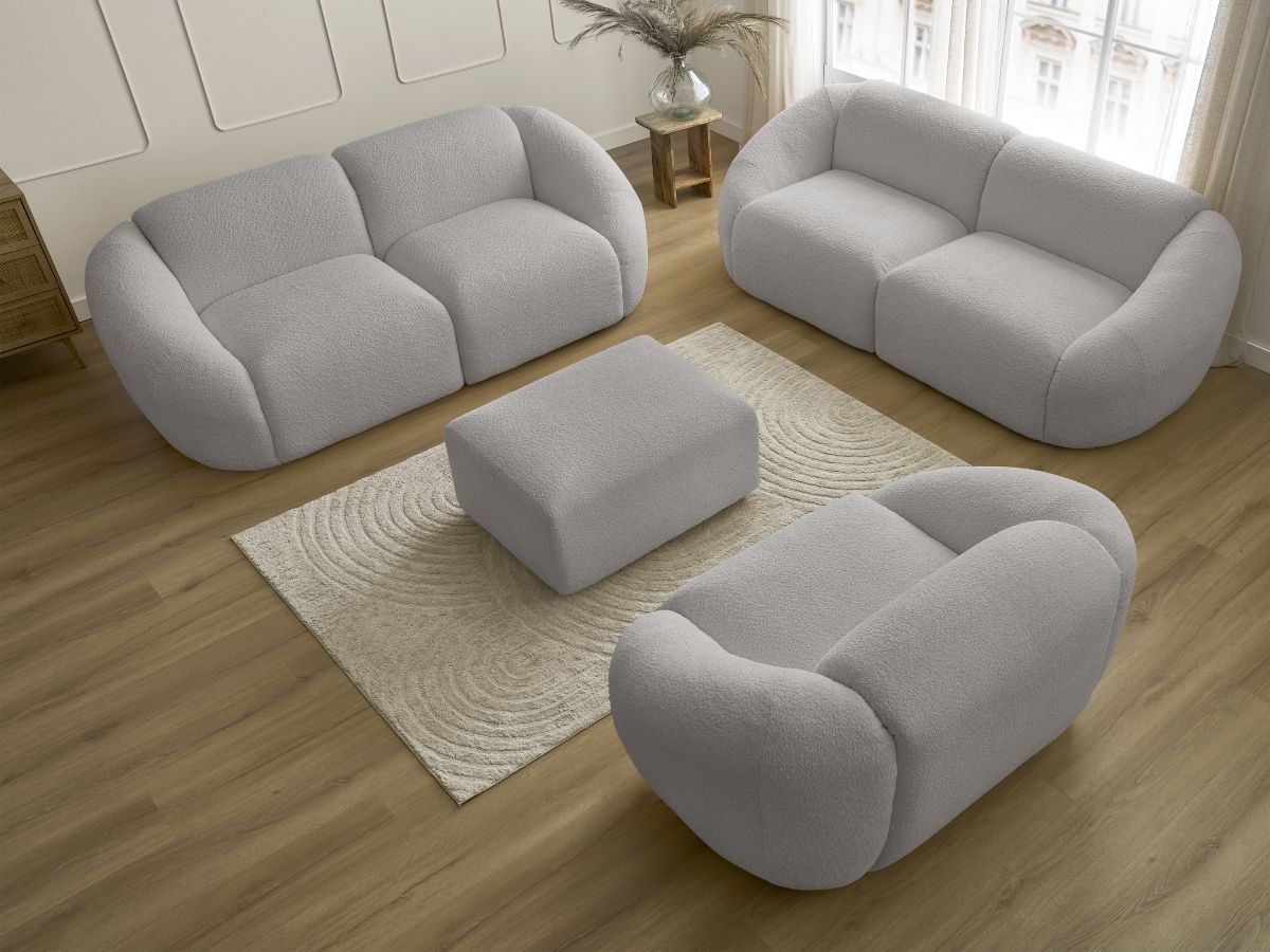 Bobochic Tina Sofa 7-Sitzer mit Pouf Bouclé-Stoff Hellgrau