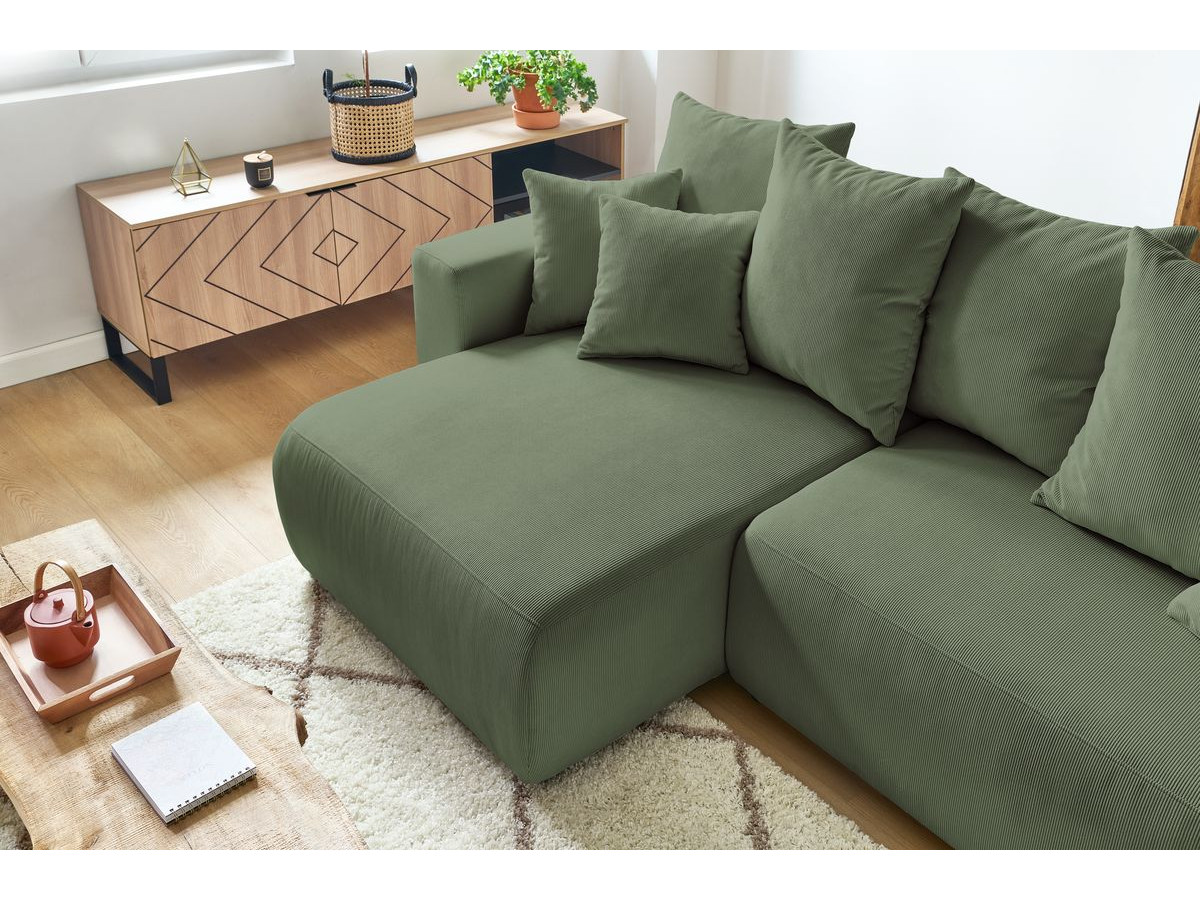Bobochic Envy Ecksofa mit Schlaffunktion und Bettkasten und Pouf Cordsamt Grün