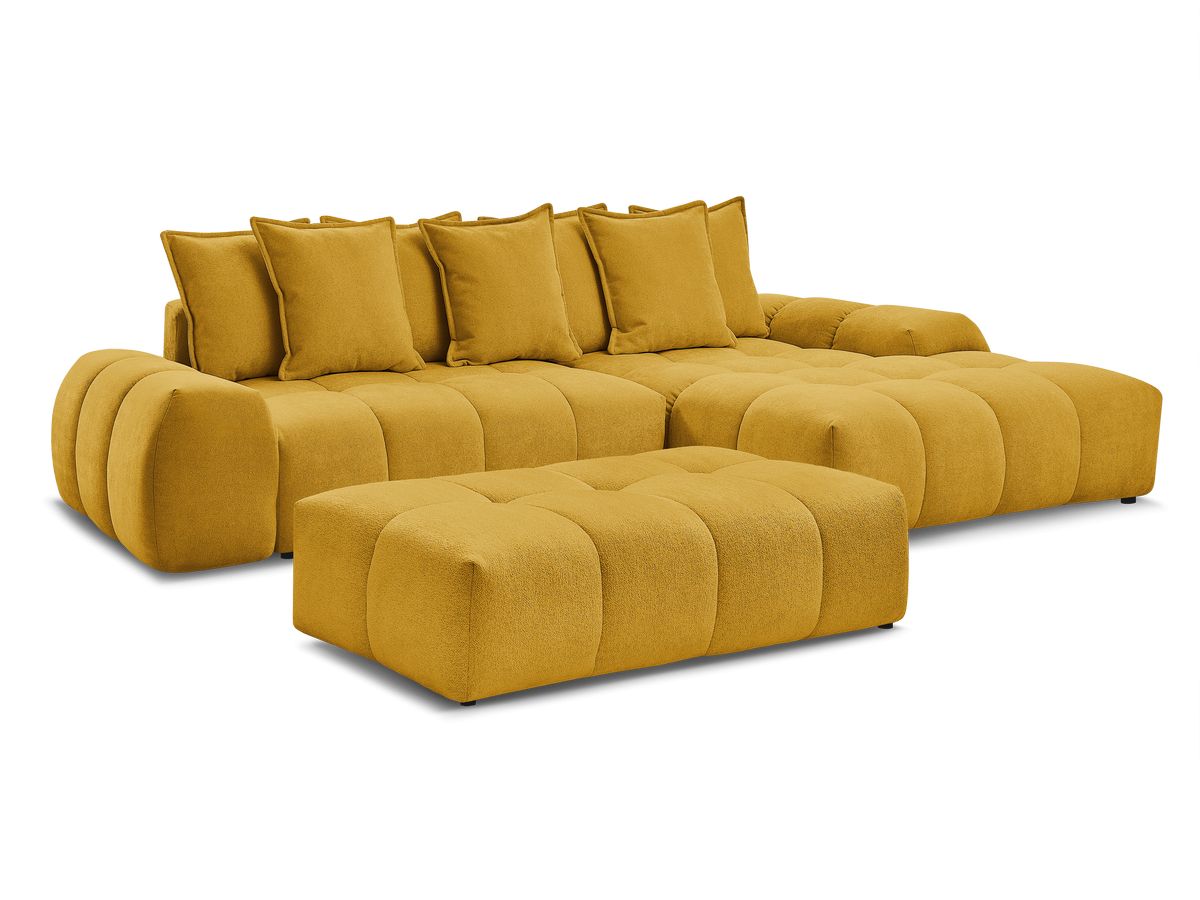 Bobochic Everest Ecksofa mit Schlaffunktion und Bettkasten und Pouf 318 × 180 cm, 7 Kissen Strukturstoff Gelb Ecke rechts