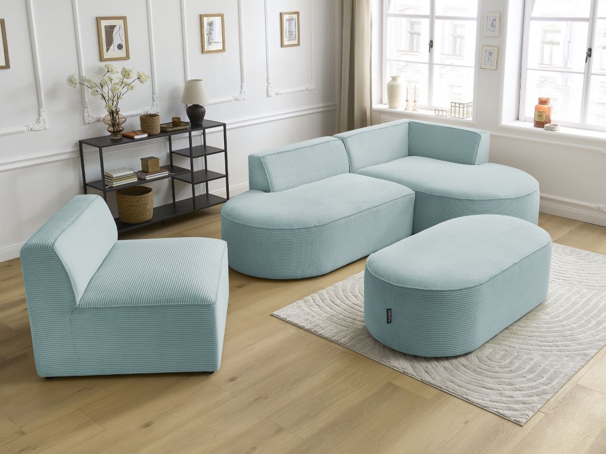 Bobochic Rousseau Ecksofa mit Sofamodul und Pouf Cordsamt Hellblau Ecke rechts