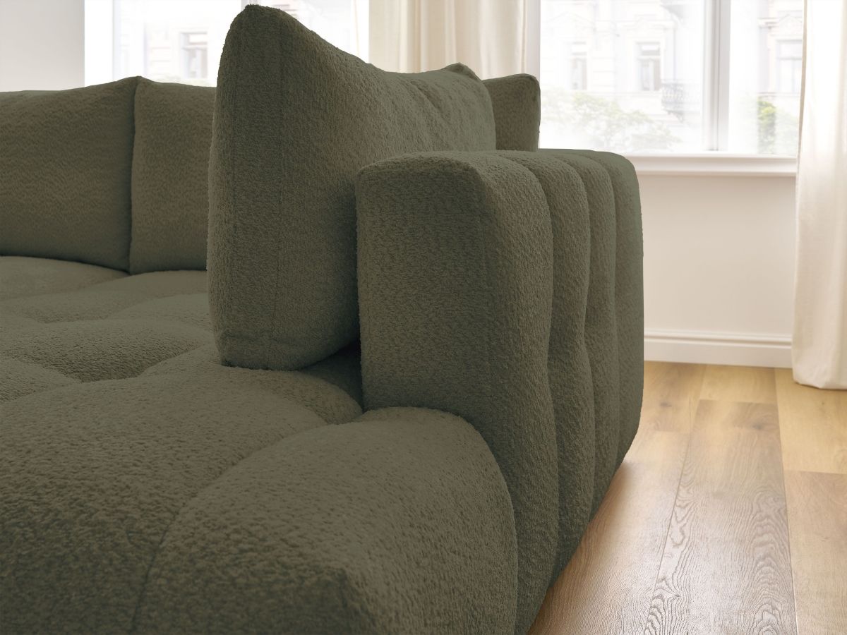 Bobochic Fuji Ecksofa mit Schlaffunktion und Bettkasten und Pouf 282 × 204 cm Bouclé-Stoff Grün Ecke rechts