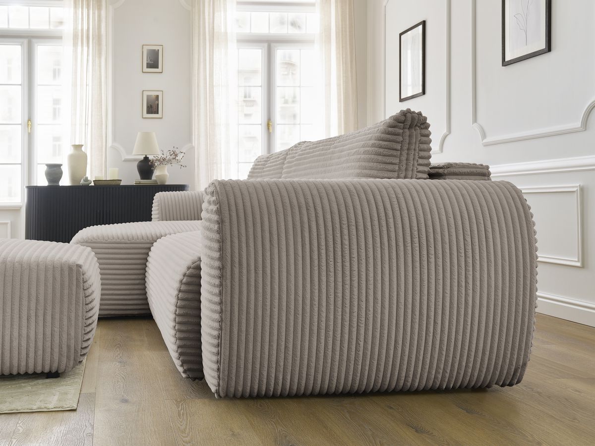 Bobochic Lucien Ecksofa mit Schlaffunktion und Bettkasten und Pouf 314 × 167 cm Breitcord weich Taupe Ecke links