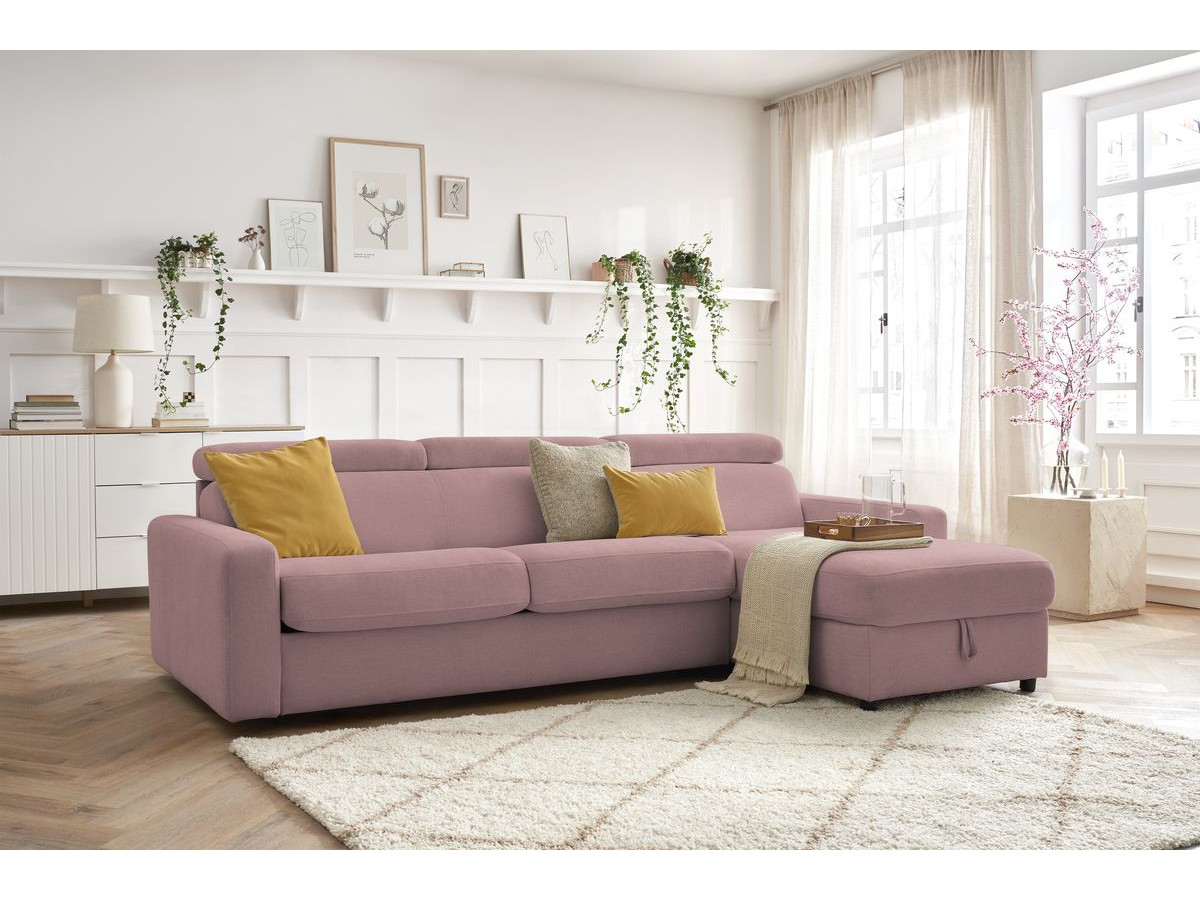 Bobochic Monaco Ecksofa mit Schlaffunktion und Bettkasten Stoff Rosa, Liegefläche 140 × 190 cm