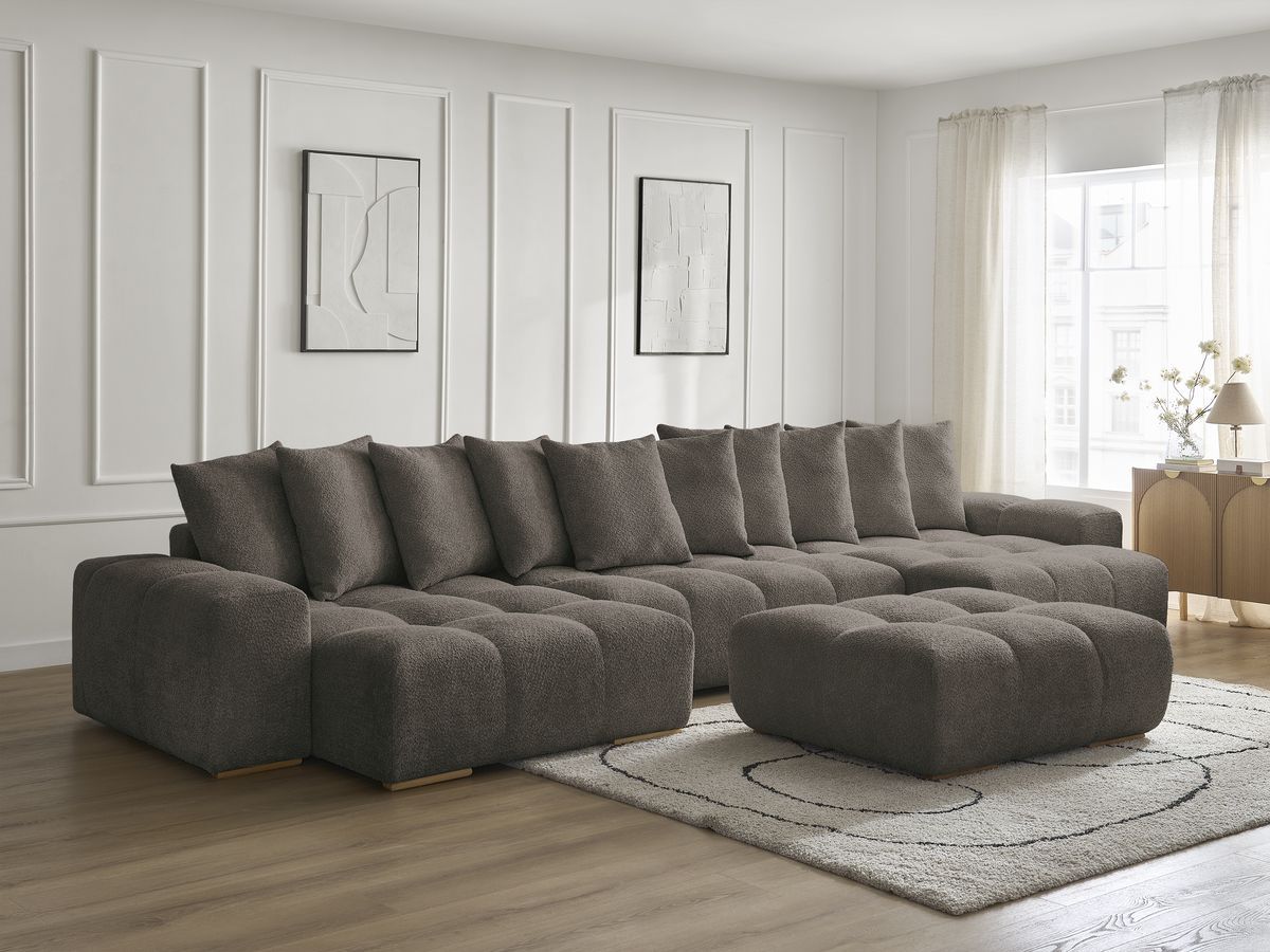 Bobochic Anakin Wohnlandschaft mit Pouf, Liegefläche 137 × 382 cm, 10 Kissen Bouclé-Stoff Braun
