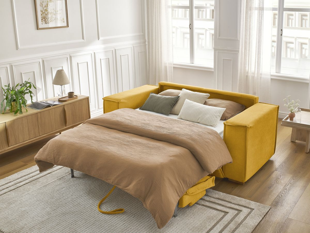 Bobochic Chelsea Schlafsofa 3-Sitzer Strukturstoff Gelb, Liegefläche 160 × 200 cm