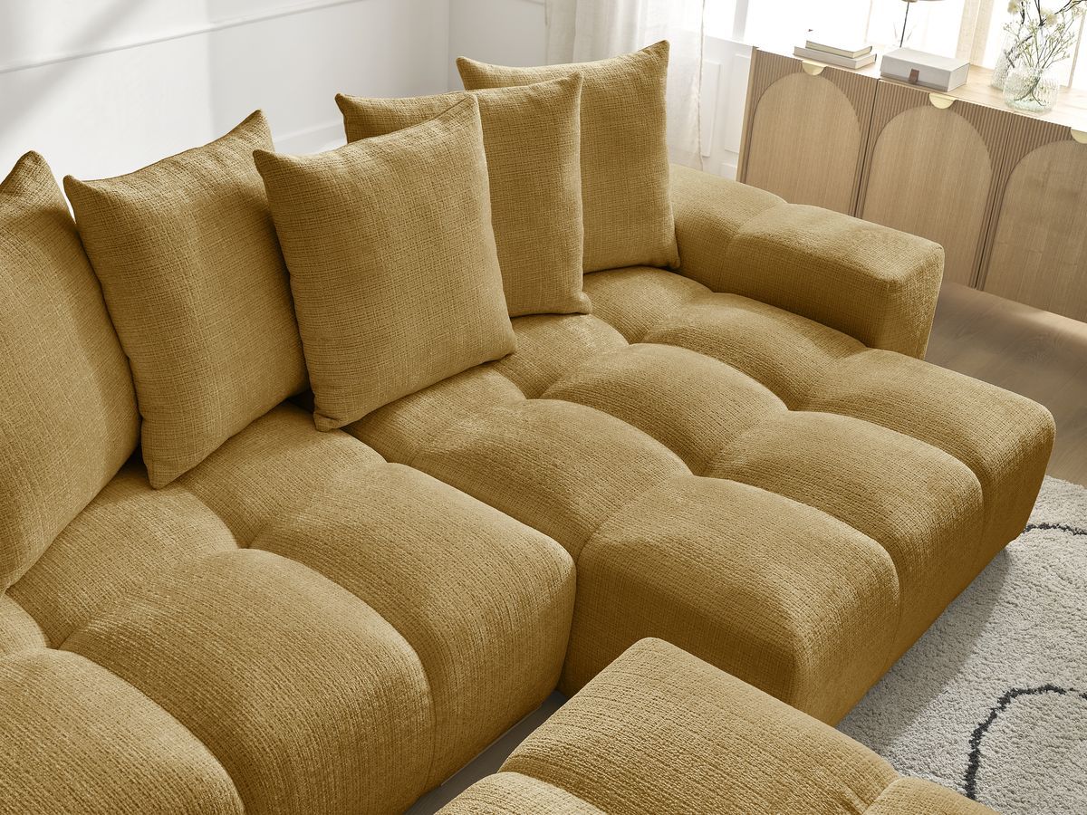 Bobochic Anakin Ecksofa mit Schlaffunktion und Bettkasten und Pouf, 6 Kissen Strukturstoff Gelb