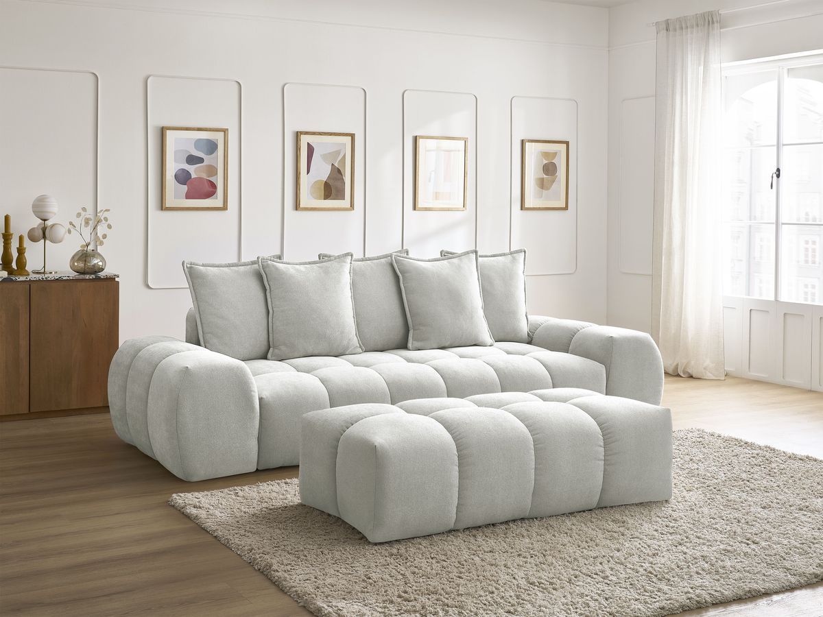 Bobochic Everest Schlafsofa 3-Sitzer mit Bettkasten und Pouf, 5 Kissen Strukturstoff Hellgrau