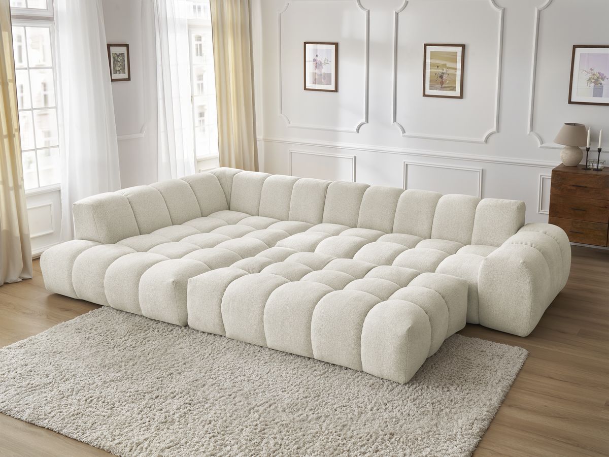 Bobochic Everest Ecksofa mit Schlaffunktion und Pouf, 4 Kissen Melange-Stoff Weiß Ecke links