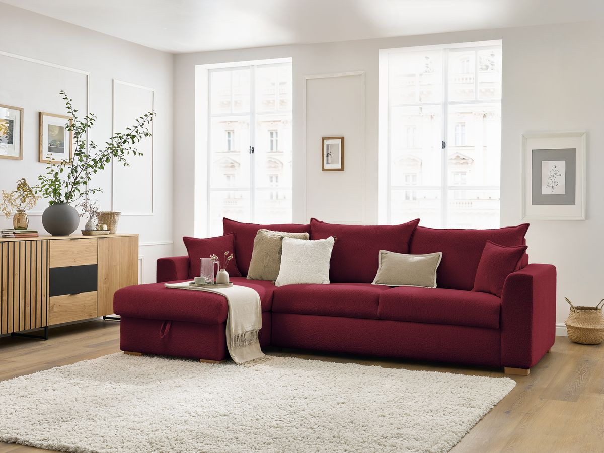 Bobochic Augustin Ecksofa mit Schlaffunktion und Bettkasten Bouclé-Stoff Rot, Liegefläche 160 × 200 cm