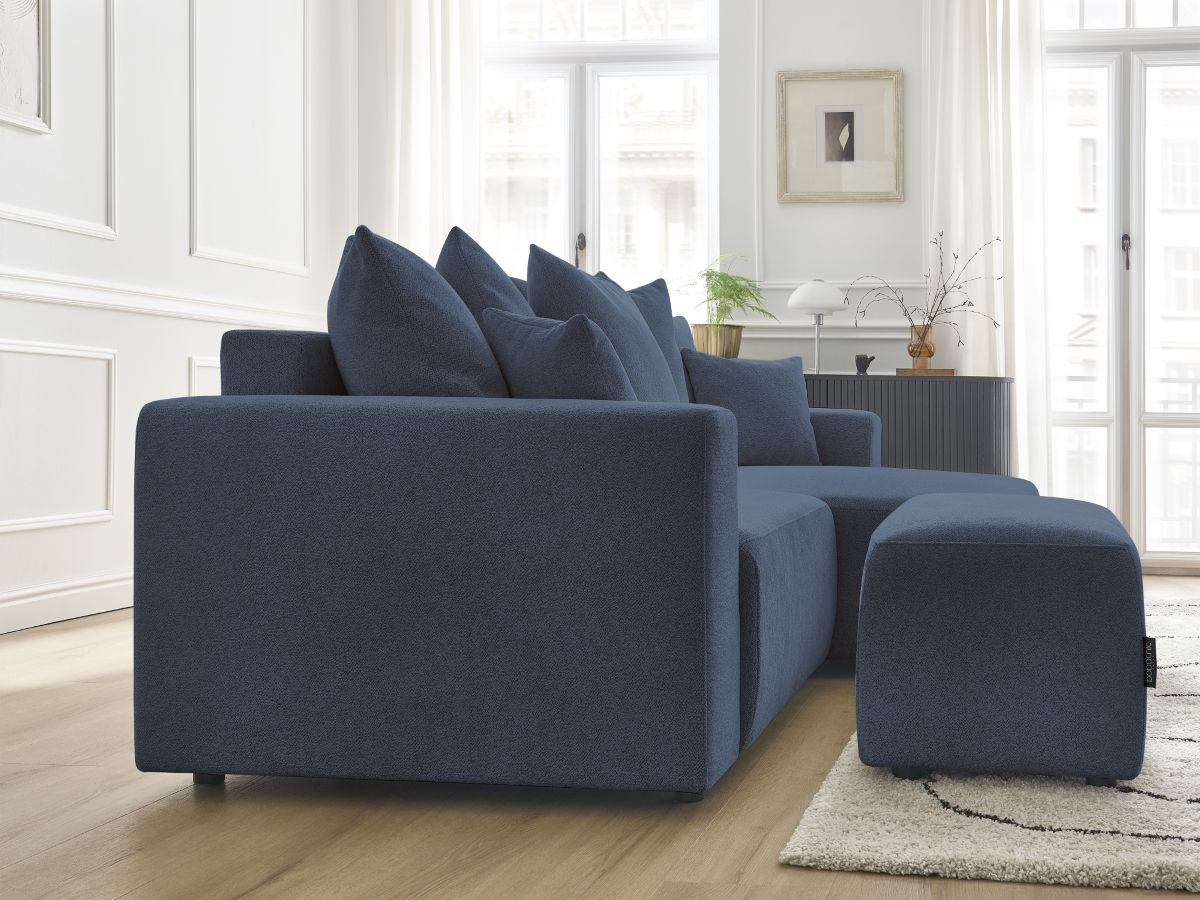 Bobochic Atilla Ecksofa mit Schlaffunktion und Bettkasten und Pouf Melange-Stoff Blau Ecke rechts