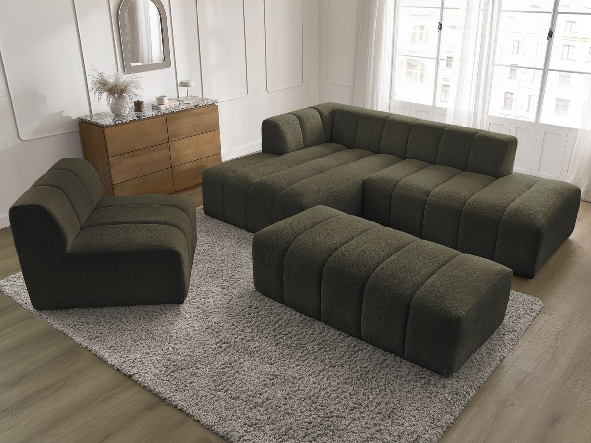 Bobochic Annecy Ecksofa mit Sofamodul und Pouf Bouclé-Stoff Grün Ecke links