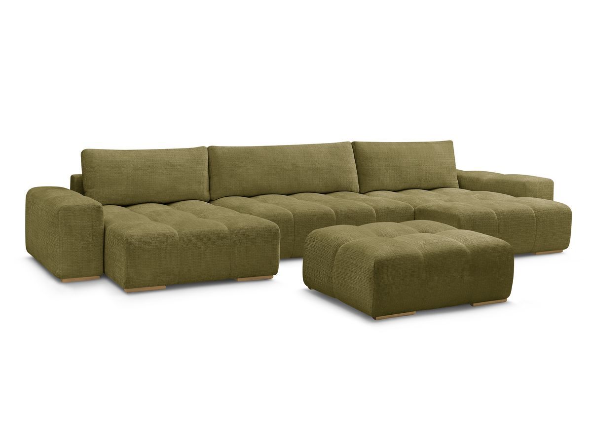 Bobochic Anakin Wohnlandschaft mit Pouf, Liegefläche 137 × 382 cm, 3 Kissen Strukturstoff Grün