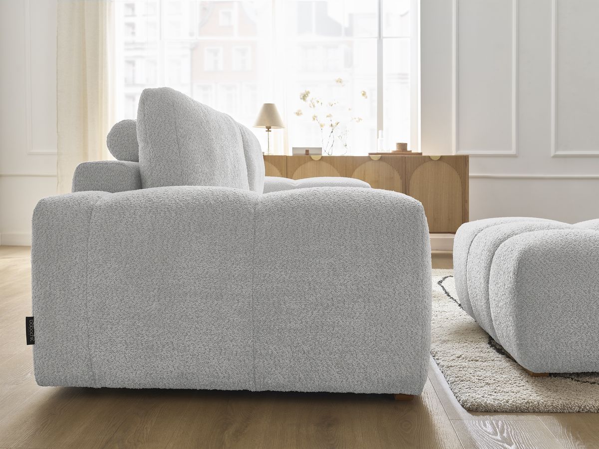 Bobochic Anakin Schlafsofa 3-Sitzer mit Bettkasten und Pouf, 2 Kissen Bouclé-Stoff Hellgrau