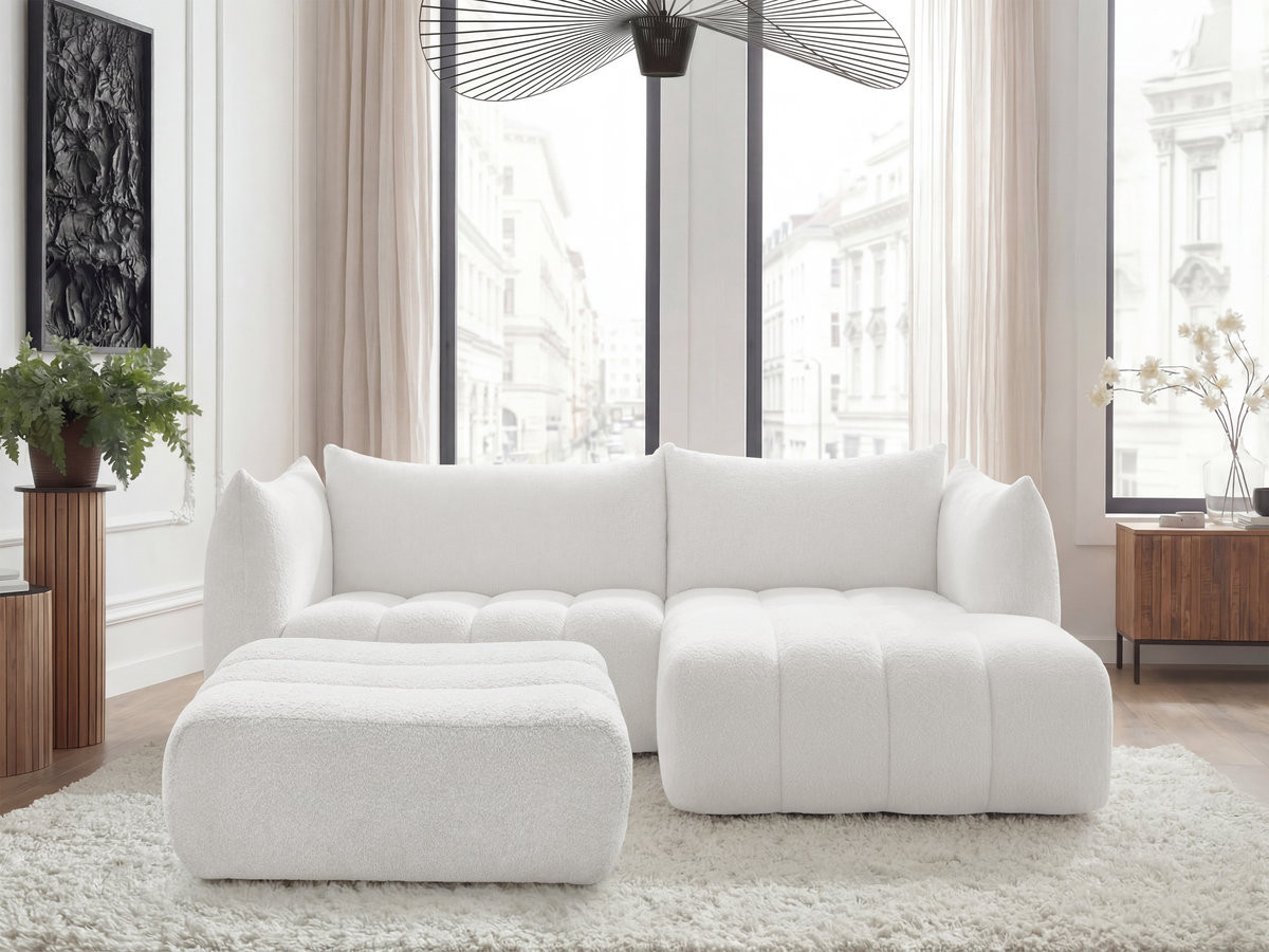 Bobochic Azra Ecksofa mit Pouf 262 × 178 cm Bouclé-Stoff Weiß Ecke rechts