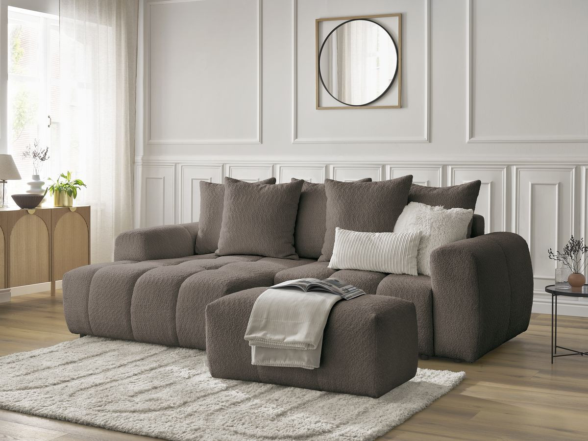 Bobochic Roxelane Ecksofa mit Schlaffunktion und Bettkasten und Pouf 258 × 150 cm Bouclé-Stoff Braun Ecke links