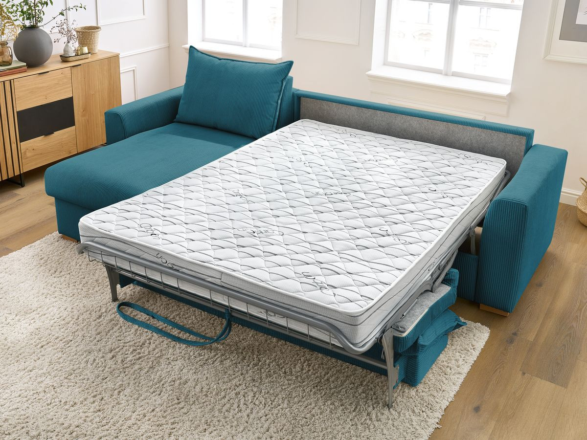 Bobochic Augustin Ecksofa mit Schlaffunktion und Bettkasten Cordsamt Hellblau, Liegefläche 140 × 200 cm