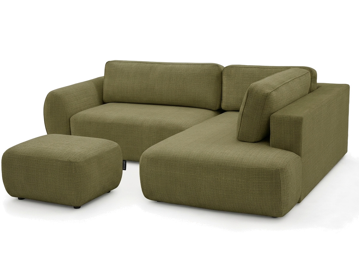 Bobochic Denise Ecksofa mit Schlaffunktion und Bettkasten und Pouf 256 × 197 cm Strukturstoff Grün Ecke rechts