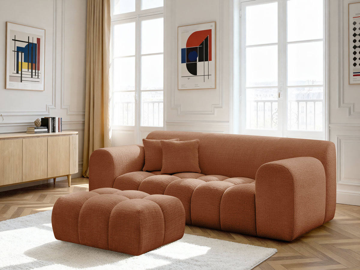 Bobochic Melisse Sofa 2-Sitzer mit Pouf Strukturstoff Orange