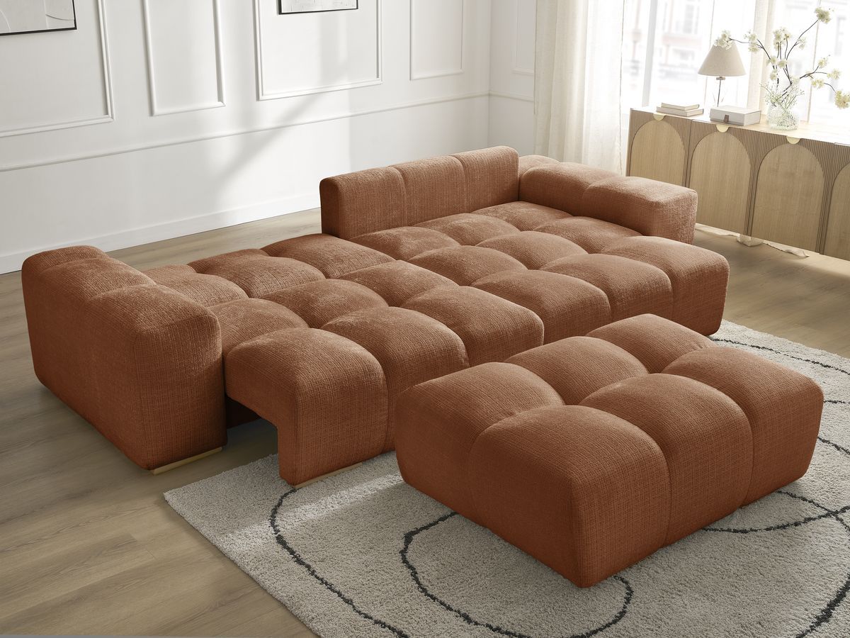 Bobochic Anakin Ecksofa mit Schlaffunktion und Bettkasten und Pouf, 6 Kissen Strukturstoff Orange