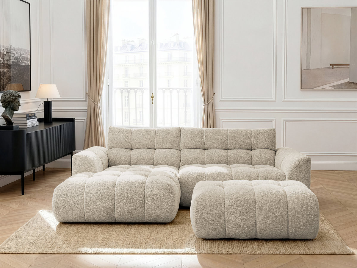 Bobochic Jaya Ecksofa mit Pouf Chenille Beige Ecke links