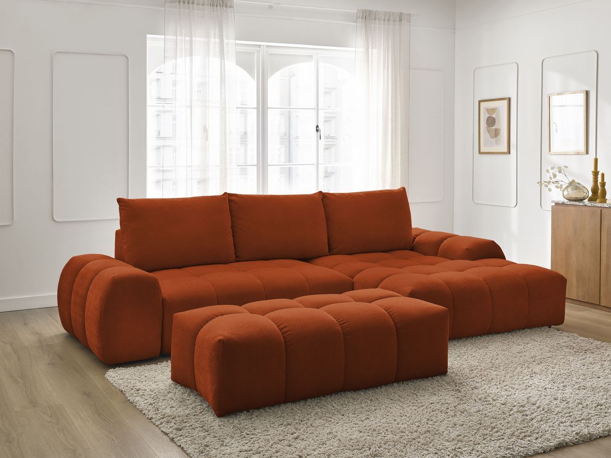 Bobochic Everest Ecksofa mit Schlaffunktion und Bettkasten und Pouf 318 × 180 cm, 3 Kissen Strukturstoff Orange Ecke rechts
