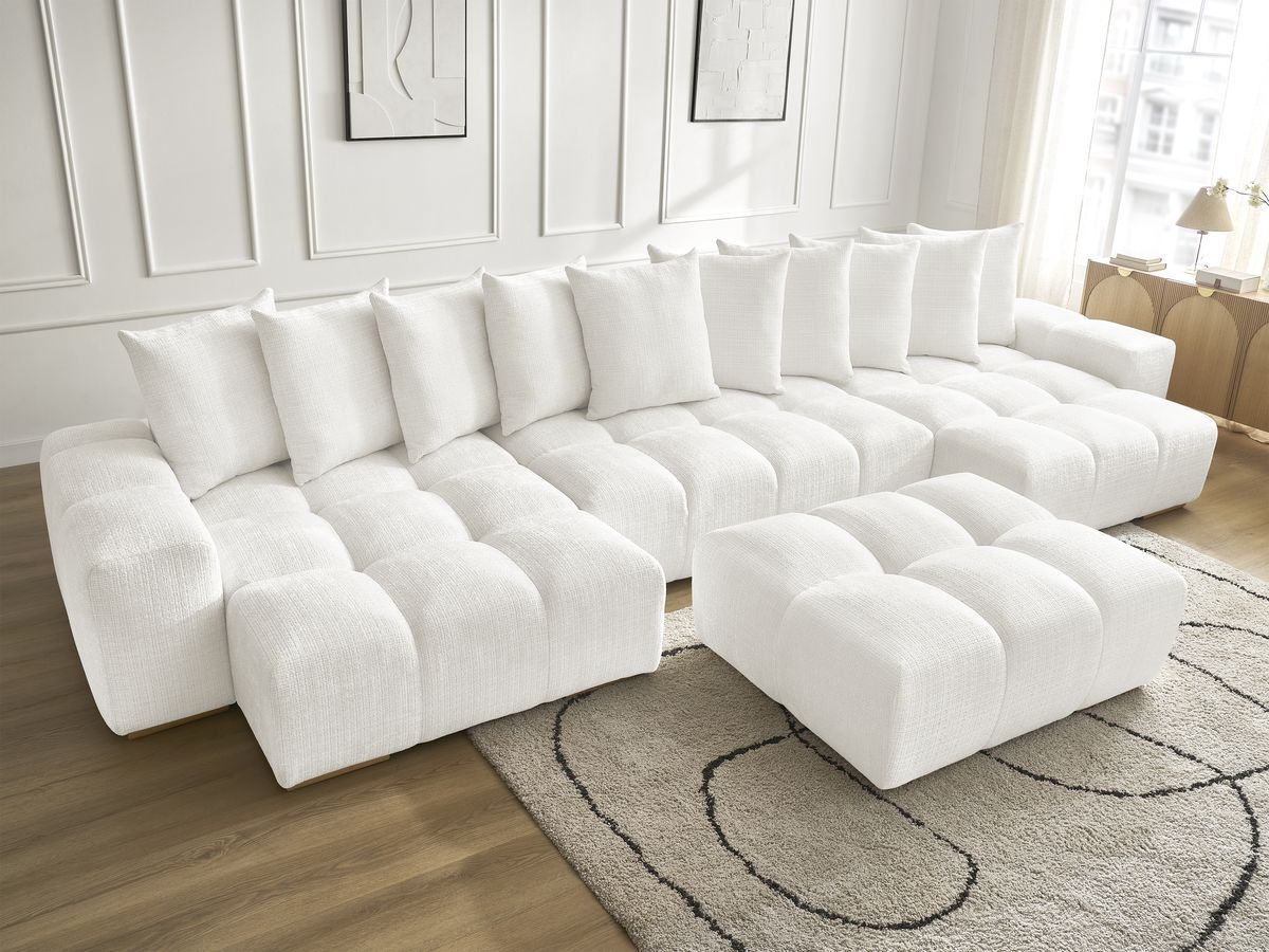 Bobochic Anakin Wohnlandschaft mit Pouf, 10 Kissen Strukturstoff Weiß