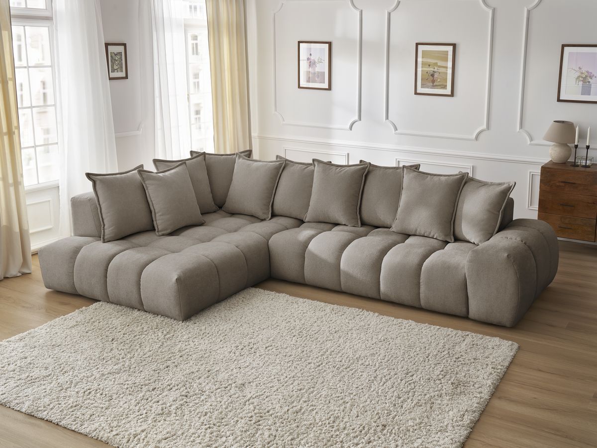 Bobochic Everest Ecksofa, 10 Kissen Strukturstoff Taupe Ecke links