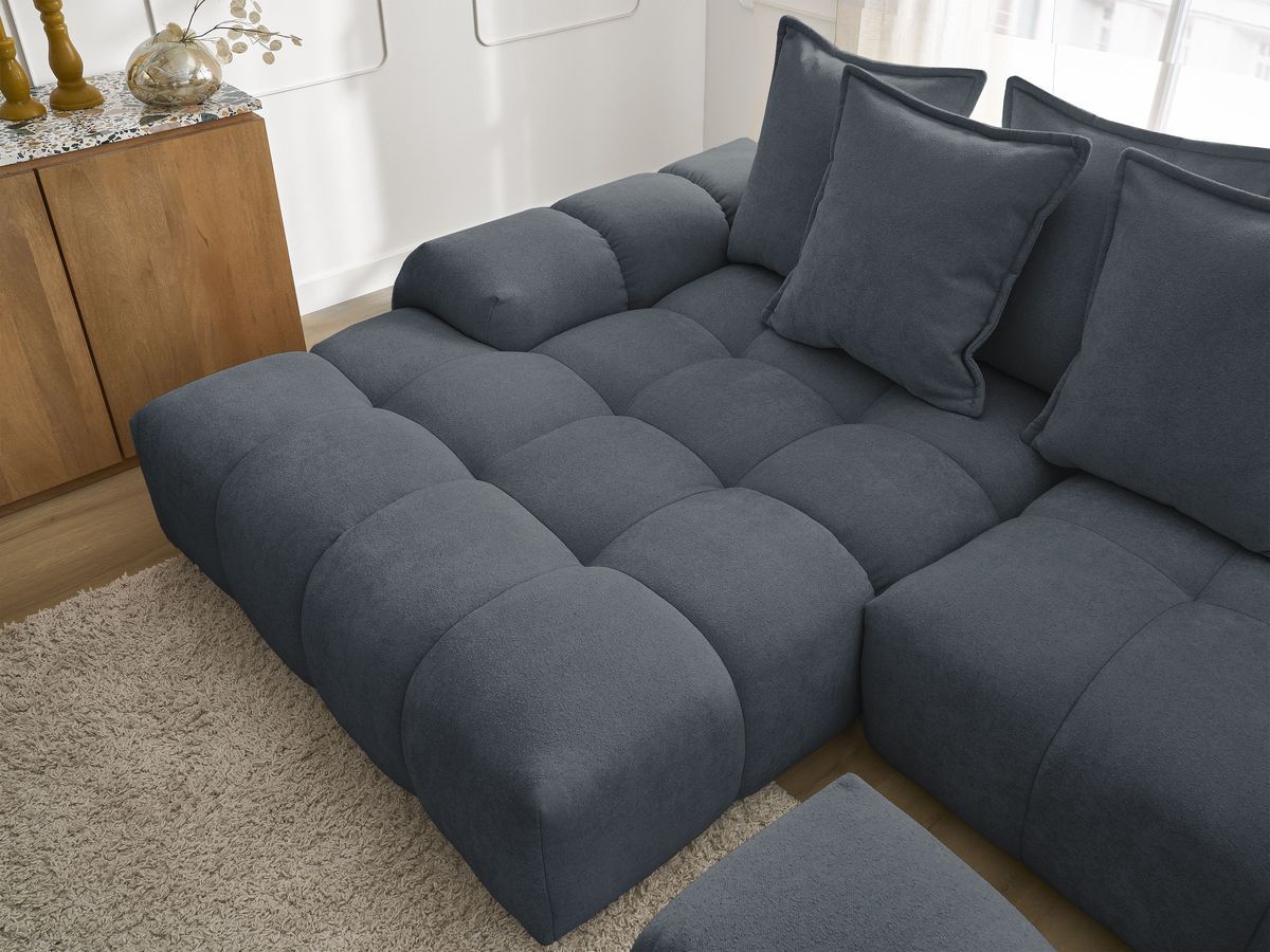 Bobochic Everest Ecksofa mit Schlaffunktion und Bettkasten und Pouf 318 × 180 cm, 7 Kissen Strukturstoff Blau Ecke links