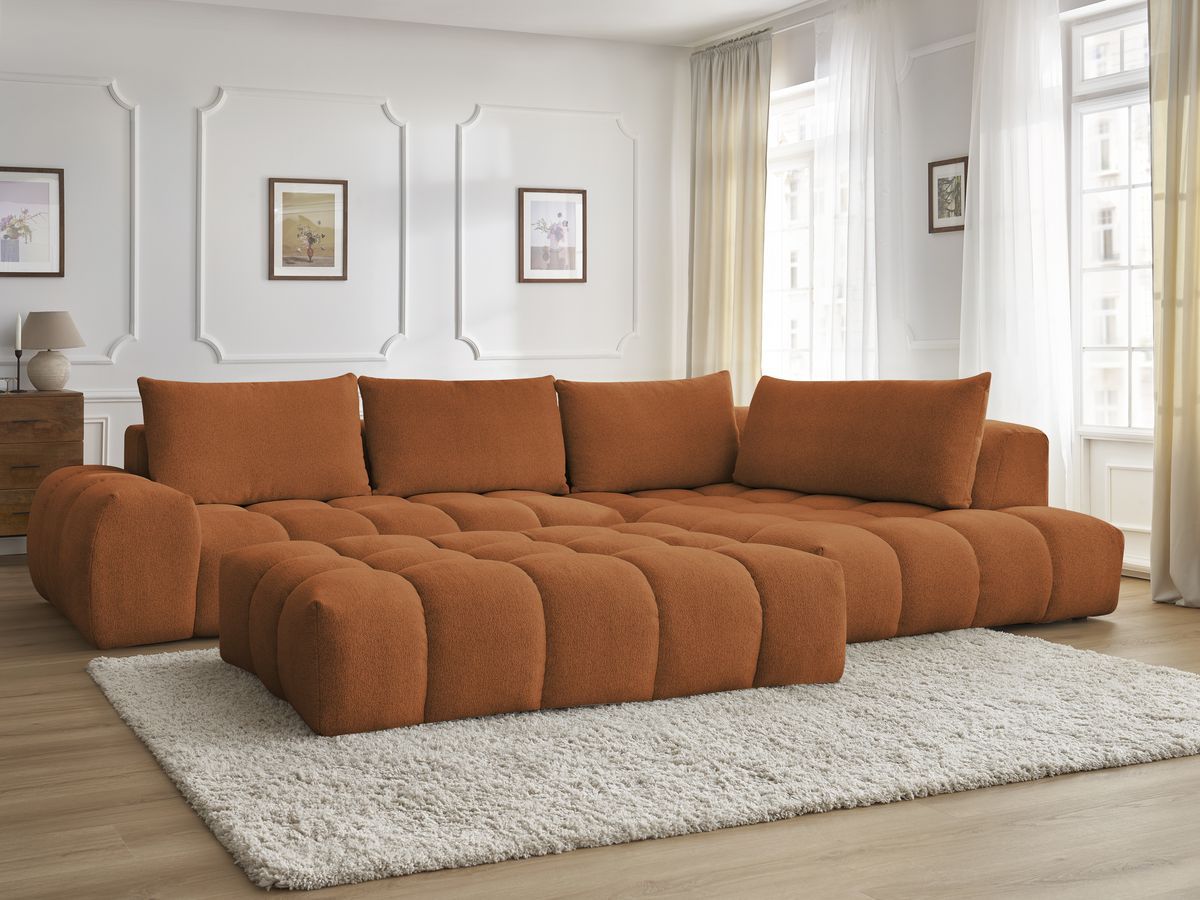 Bobochic Everest Ecksofa mit Schlaffunktion und Pouf, 4 Kissen Melange-Stoff Orange Ecke rechts