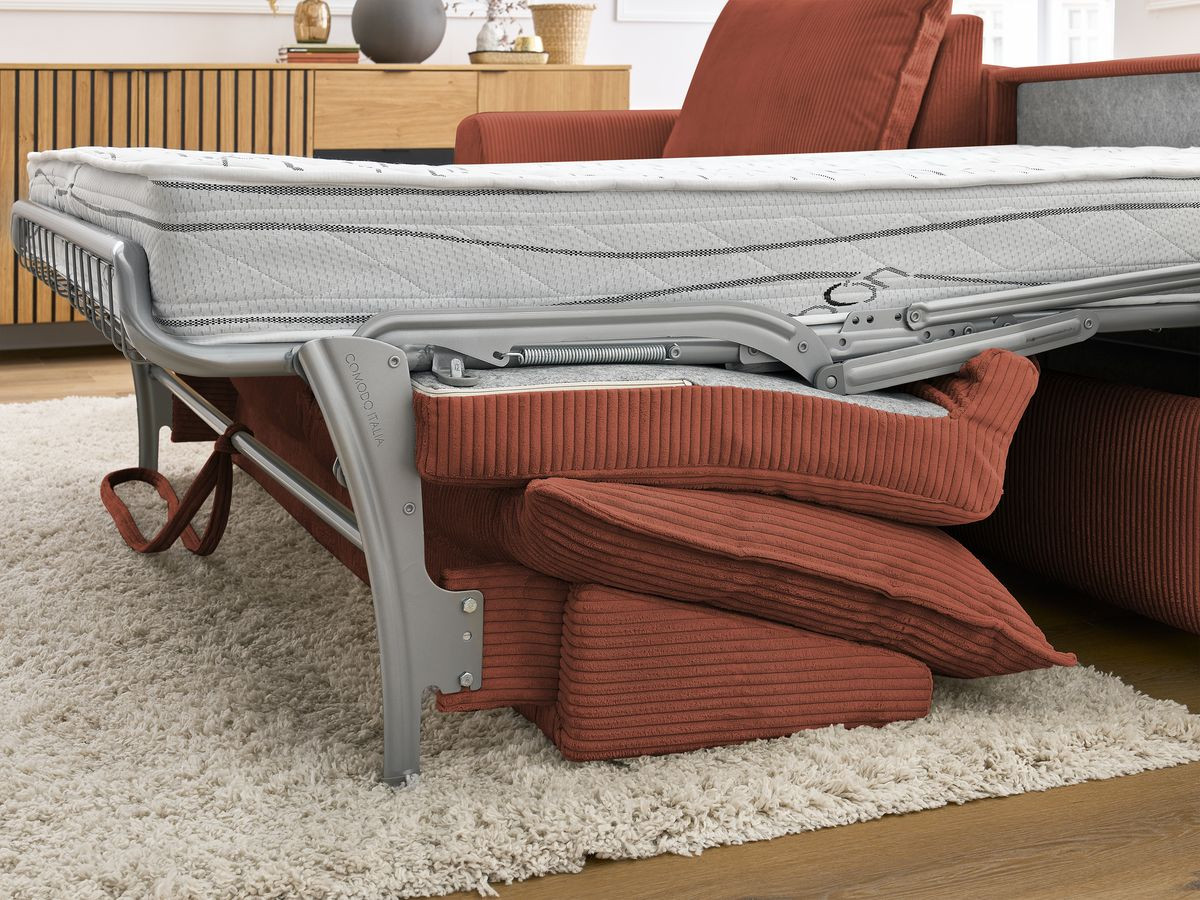 Bobochic Augustin Ecksofa mit Schlaffunktion und Bettkasten Cordsamt Orange, Liegefläche 140 × 200 cm