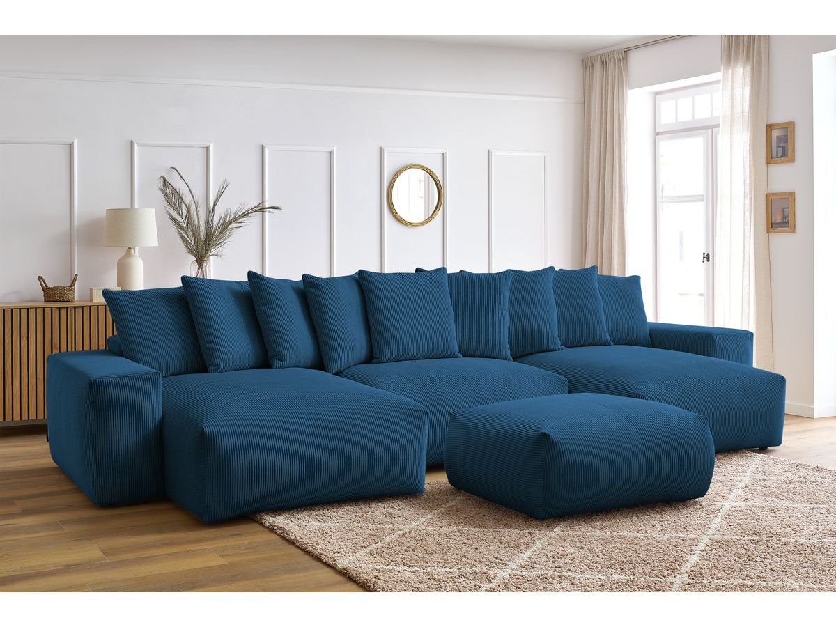 Bobochic Voltaire Wohnlandschaft mit Pouf 420 × 174 cm, Liegefläche 135 × 345 cm Cordsamt Dunkelblau
