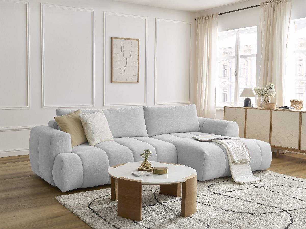 Bobochic Fuji Ecksofa mit Schlaffunktion und Bettkasten 292 × 160 cm Stoff Hellgrau Ecke rechts