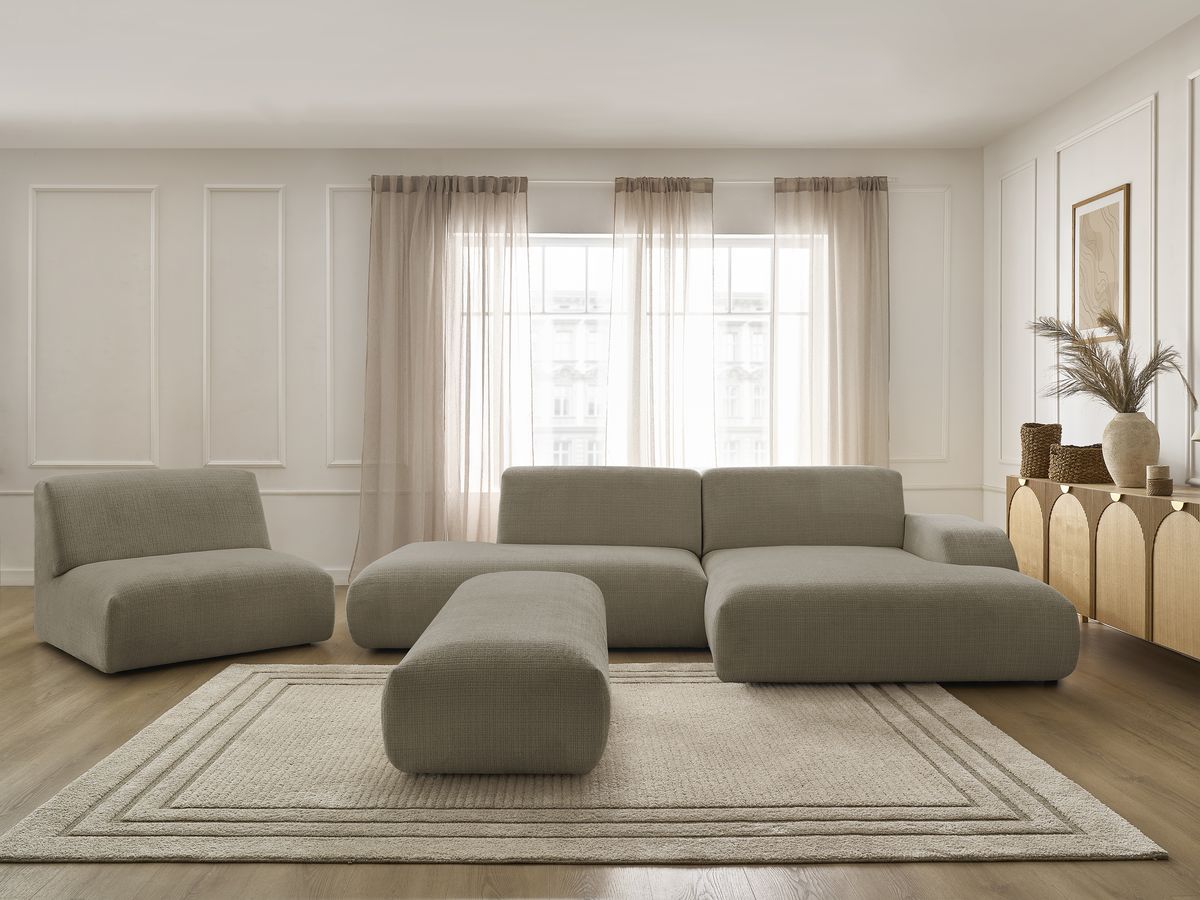 Bobochic Sirius Ecksofa mit Pouf 405 × 170 cm Strukturstoff Taupe Ecke rechts