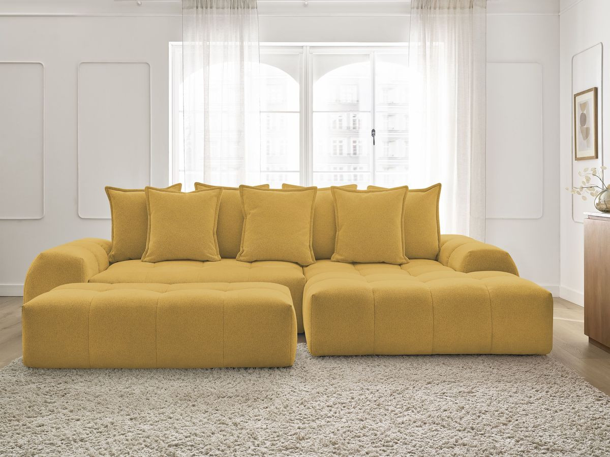 Bobochic Everest Ecksofa mit Schlaffunktion und Bettkasten und Pouf 318 × 180 cm, 7 Kissen Melange-Stoff Gelb Ecke rechts