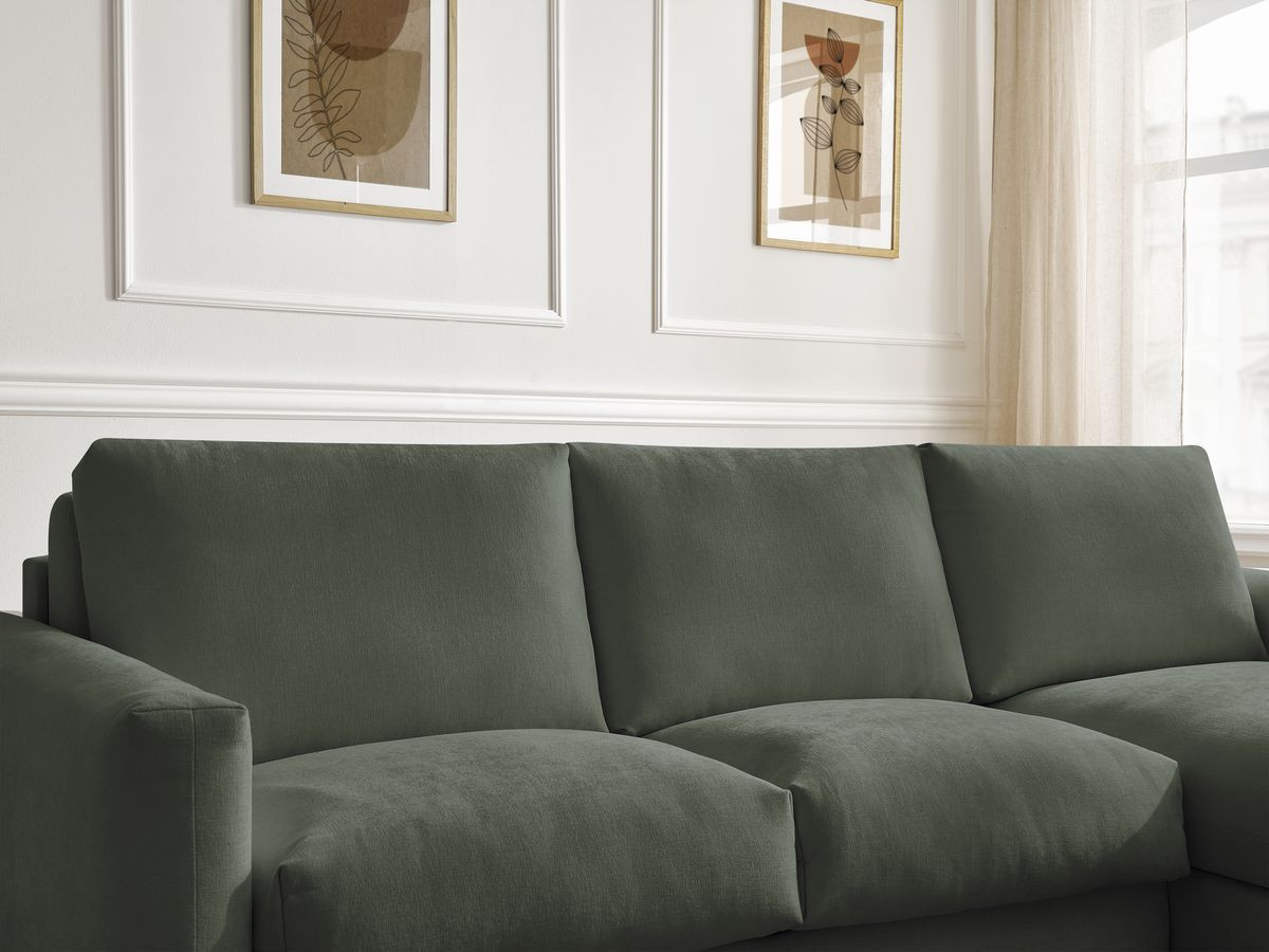Bobochic Cocoone Ecksofa mit Schlaffunktion und Bettkasten Stoff Grün, Liegefläche 160 × 200 cm