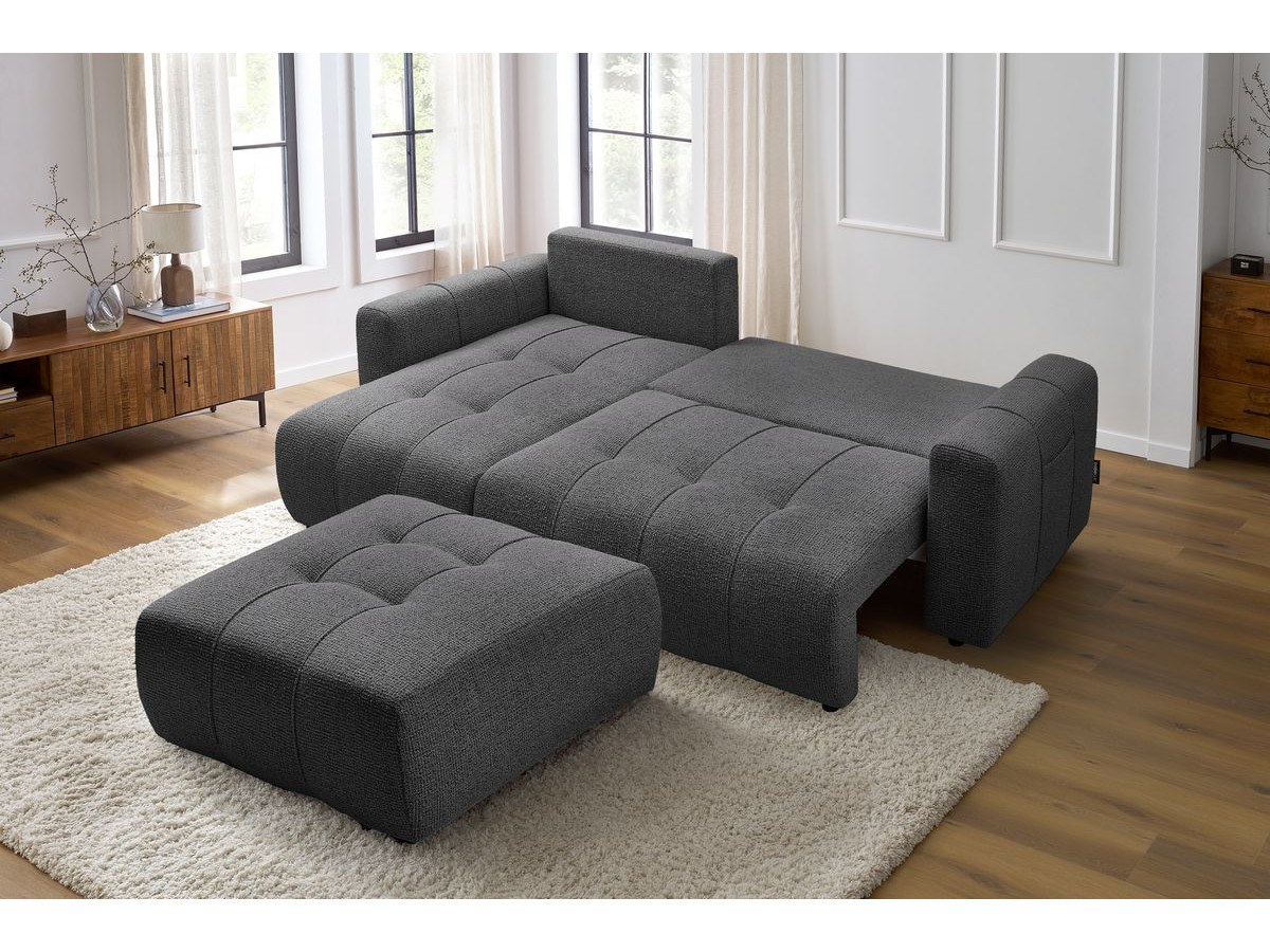 Bobochic Arsene Ecksofa mit Schlaffunktion und Bettkasten und Pouf 288 × 148 cm Melange-Stoff Dunkelgrau