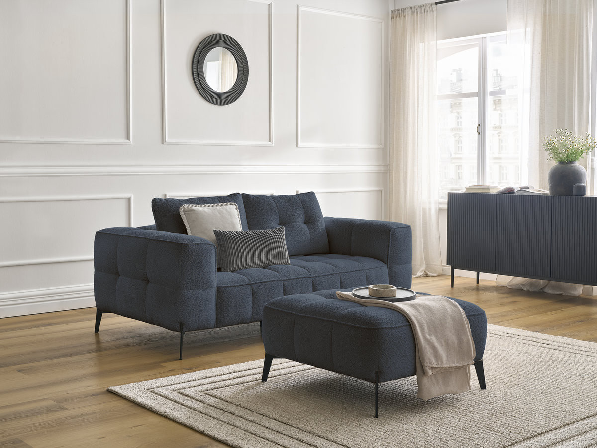 Bobochic Anis Sofa 2-Sitzer mit Pouf Bouclé-Stoff Dunkelblau