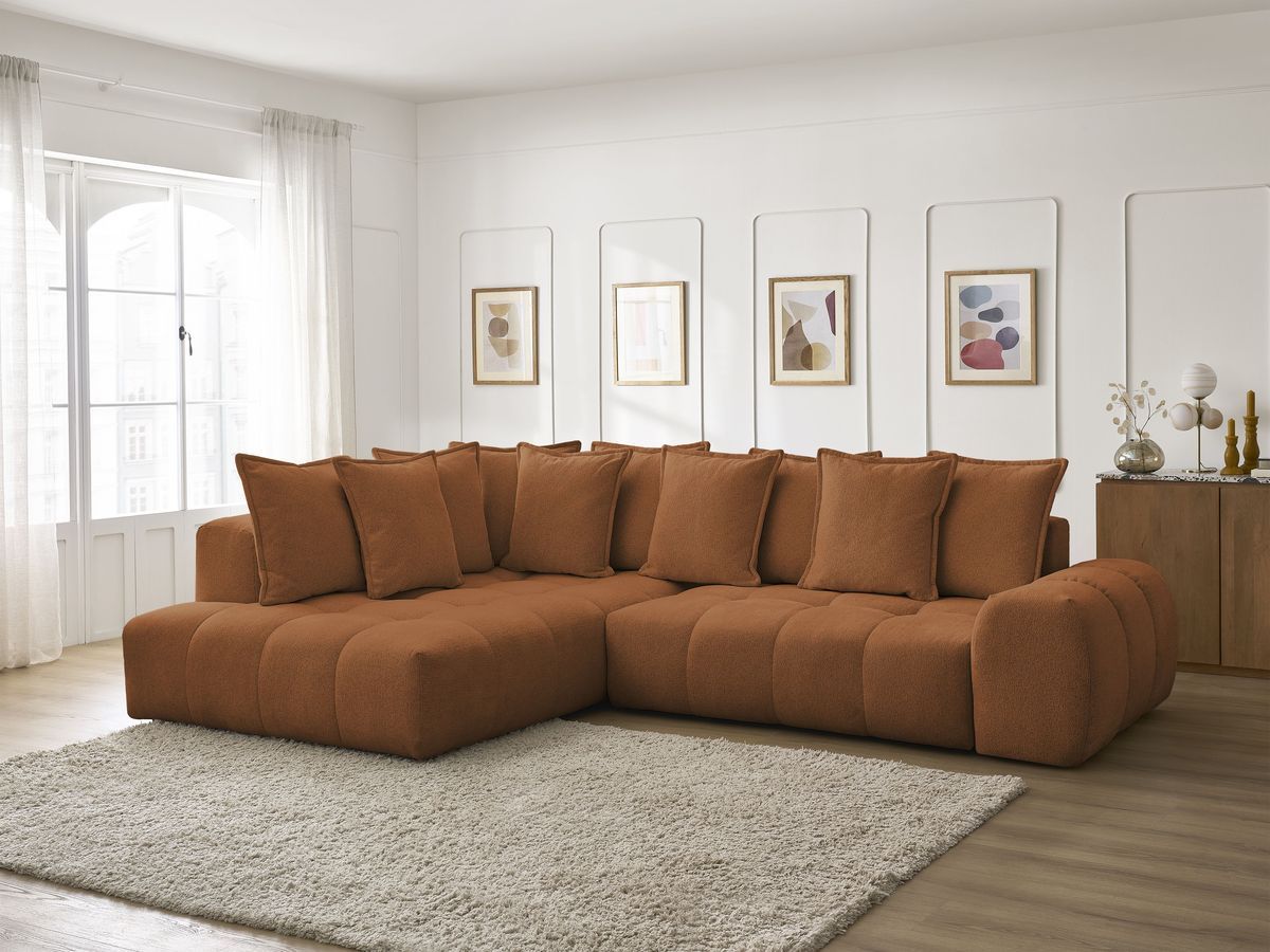 Bobochic Everest Ecksofa mit Schlaffunktion und Bettkasten 320 × 212 cm, 10 Kissen Melange-Stoff Orange Ecke links