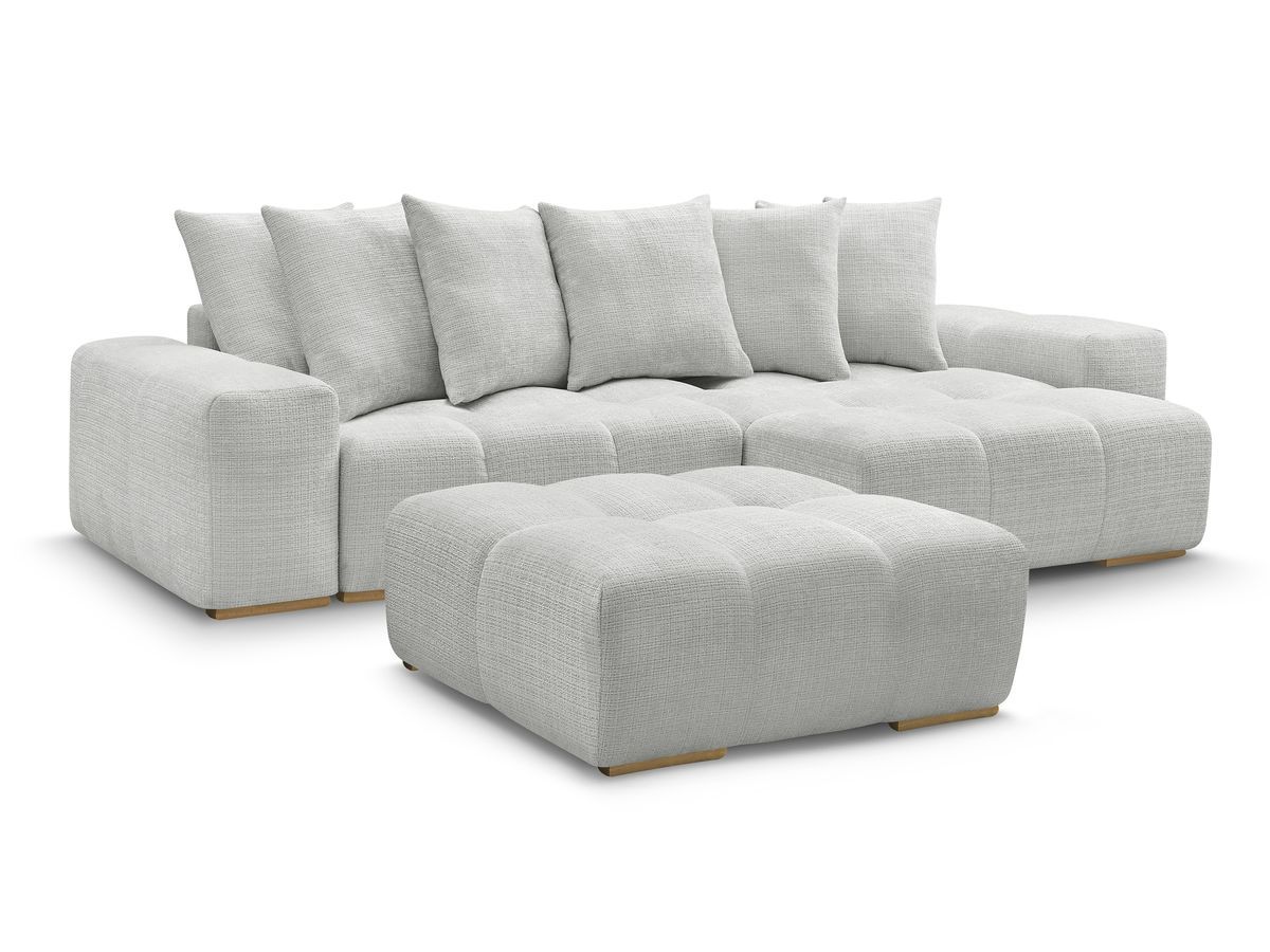 Bobochic Anakin Ecksofa mit Schlaffunktion und Bettkasten und Pouf, 6 Kissen Strukturstoff Hellgrau