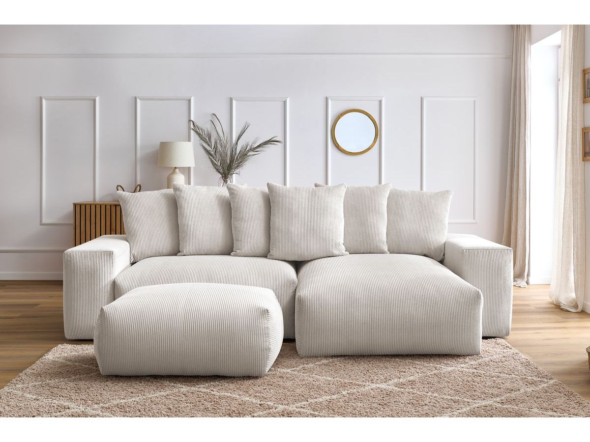 Bobochic Voltaire Ecksofa mit Schlaffunktion und Bettkasten und Pouf Cordsamt Beige