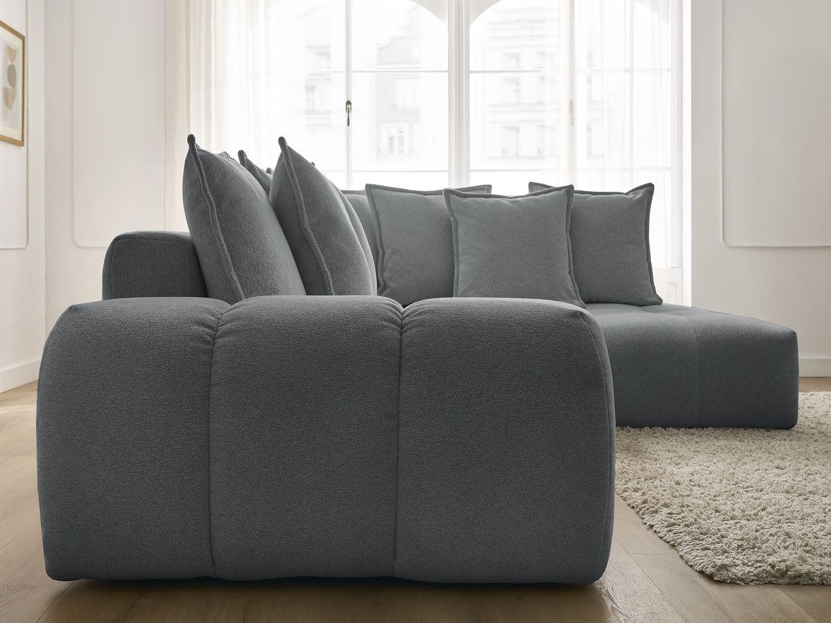 Bobochic Everest Ecksofa mit Schlaffunktion und Bettkasten 320 × 212 cm, 10 Kissen Melange-Stoff Dunkelgrau Ecke rechts