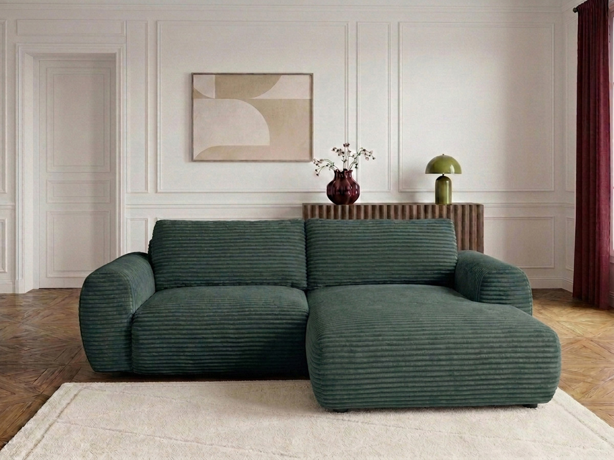 Bobochic Lucien Ecksofa mit Schlaffunktion und Bettkasten Breitcord weich Grün Ecke rechts