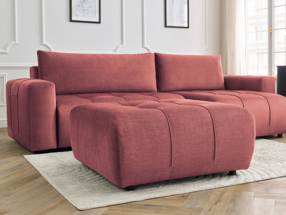 Bobochic Arsene Ecksofa mit Schlaffunktion und Bettkasten und Pouf 288 × 148 cm Samt Orange